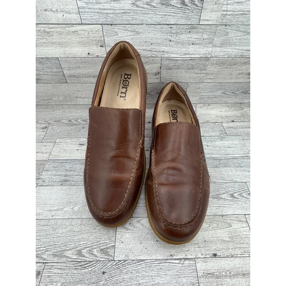 Born Men Brown Leather Moc Toe Slip On Loafers Shoes H44116 Size 9.5‎ M